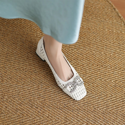 Women's genuine leather braided microfiber patchwork summer breathable pumps crystal buckle 4cm thick med heel daily dress shoes