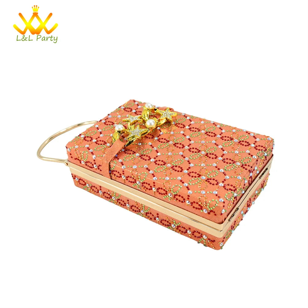 Low Heels Comfortable Sweet Style Italian Design Shoes Matching Bag Set in Orange Color High Quality with Crystal for Dress
