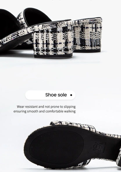 Middle heel square heel slippers fabric fashion casual shoes luxury brand slippers girls street commuter slippers