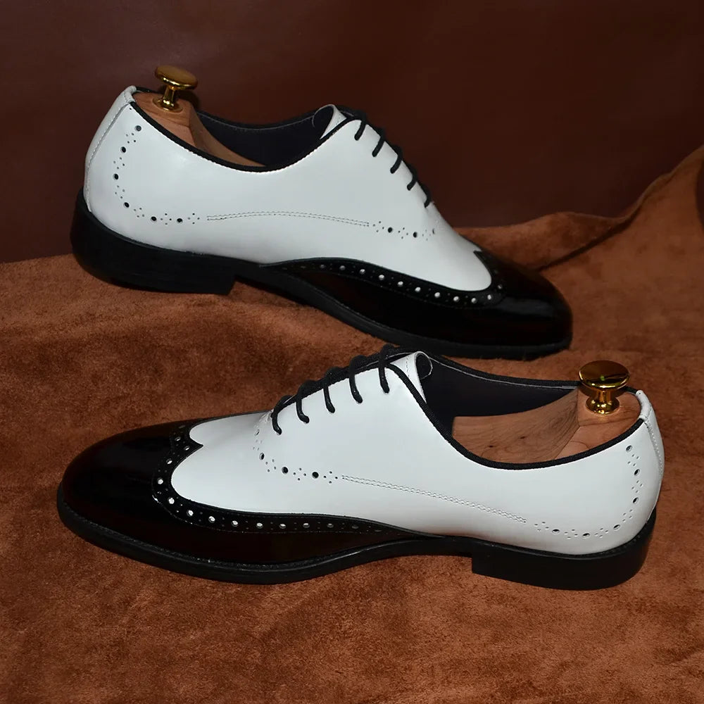 Formal Oxfords Shoes for Men White Black Real Cow Patent Leather Business Lace-up Wingtip Toe Brogue Wedding Mens Dress Shoes