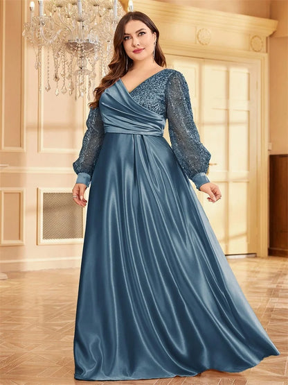 Plus Size Luxury Green V-Neck Sequins Evening Dress Elegant Women Party Maxi Dress Long Sleeve Cocktail Gowns Prom