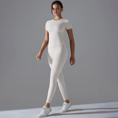 Yoga Set Women Workout Set Sportswear Gym Clothing Fitness Shorts Sleeve Crop Top High Waist Leggings Sports Suits