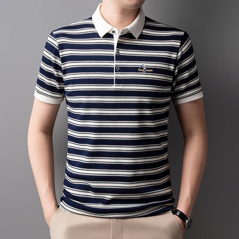 2025 Summer New Men's Polo Shirt Business Casual Collar Short Sleeve Men's Fashion Printed Stripe Half Sleeve Top