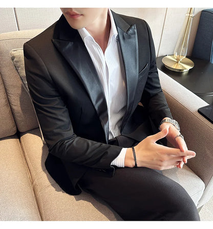 ( Jacket + Vest + Pants ) High-end Brand Boutique Fashion Men's Casual Business Black Smoking Suit Groom Wedding Dress Tuxedo