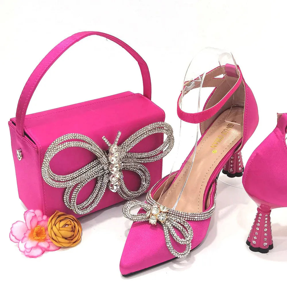 Ladies Pointed-Toe Party High Heels Magenta Colour Bow Rhinestone Stereo Bag Evening  African Wedding Shoe And Bag Set