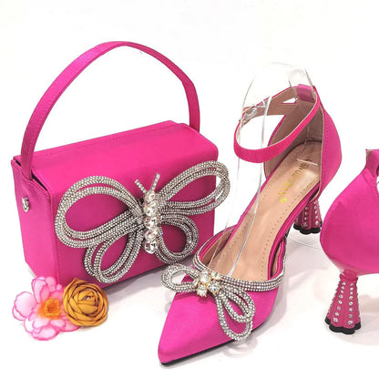 Ladies Pointed-Toe Party High Heels Magenta Colour Bow Rhinestone Stereo Bag Evening  African Wedding Shoe And Bag Set