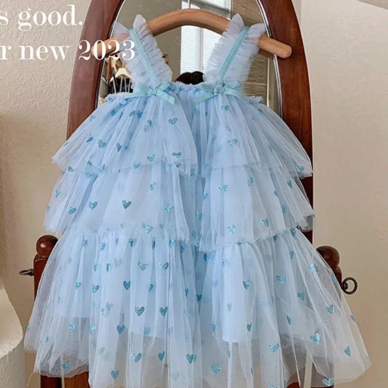 New Summer Baby Girls Party Dress Sleeveless Spaghetti Strap Love Heart Layered Princess Dresses for 3-7Year Old Kids E2310