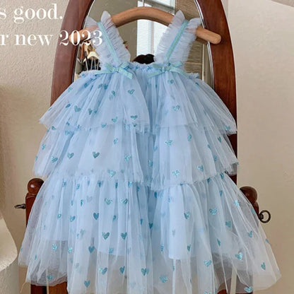 New Summer Baby Girls Party Dress Sleeveless Spaghetti Strap Love Heart Layered Princess Dresses for 3-7Year Old Kids E2310