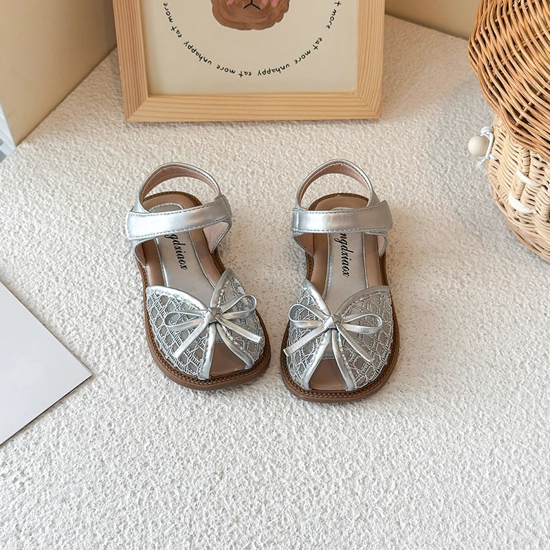 New Summer Girls Sandals Princess Beach Shoes Braided Peep-toe Kids Sandals Butterfly-knot Sweet Soft Breathable Footwear I10317