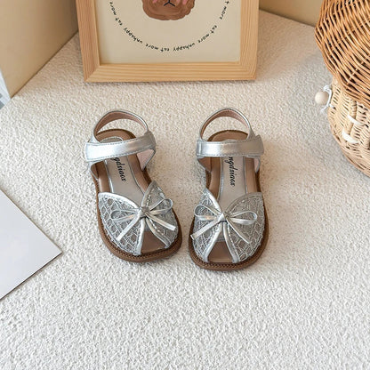 New Summer Girls Sandals Princess Beach Shoes Braided Peep-toe Kids Sandals Butterfly-knot Sweet Soft Breathable Footwear I10317