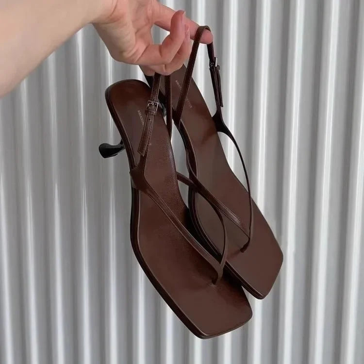 Retro Square Toe Clip Toe Sandals Kitten Heel Back Strap Brown Solid Concise French Style Sexy Fashion Women Shoes Summer Casual
