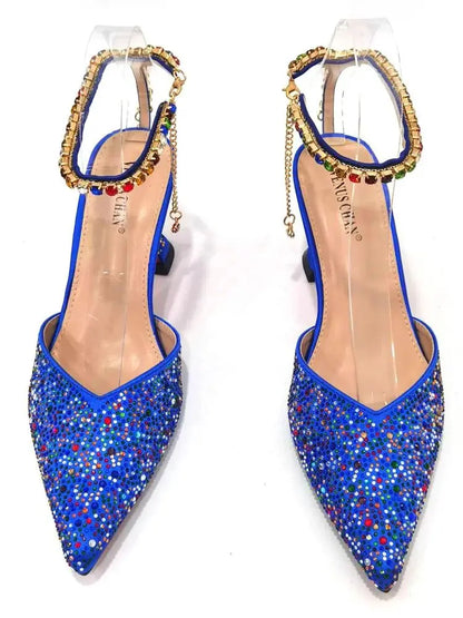 Italian Design Luxury Women's Pointed Shoes And Bag Set Blue Full Diamond Decoration Shoes for Party