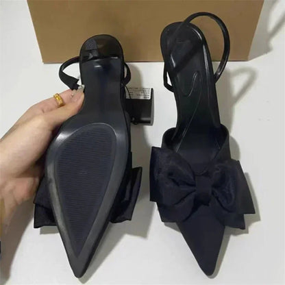 Luxury Silver High Heeled Sandals Women Sexy Pointed Toe Back Strap Thin Heels for Women Elegant Bow Design Banquet Dress Shoes