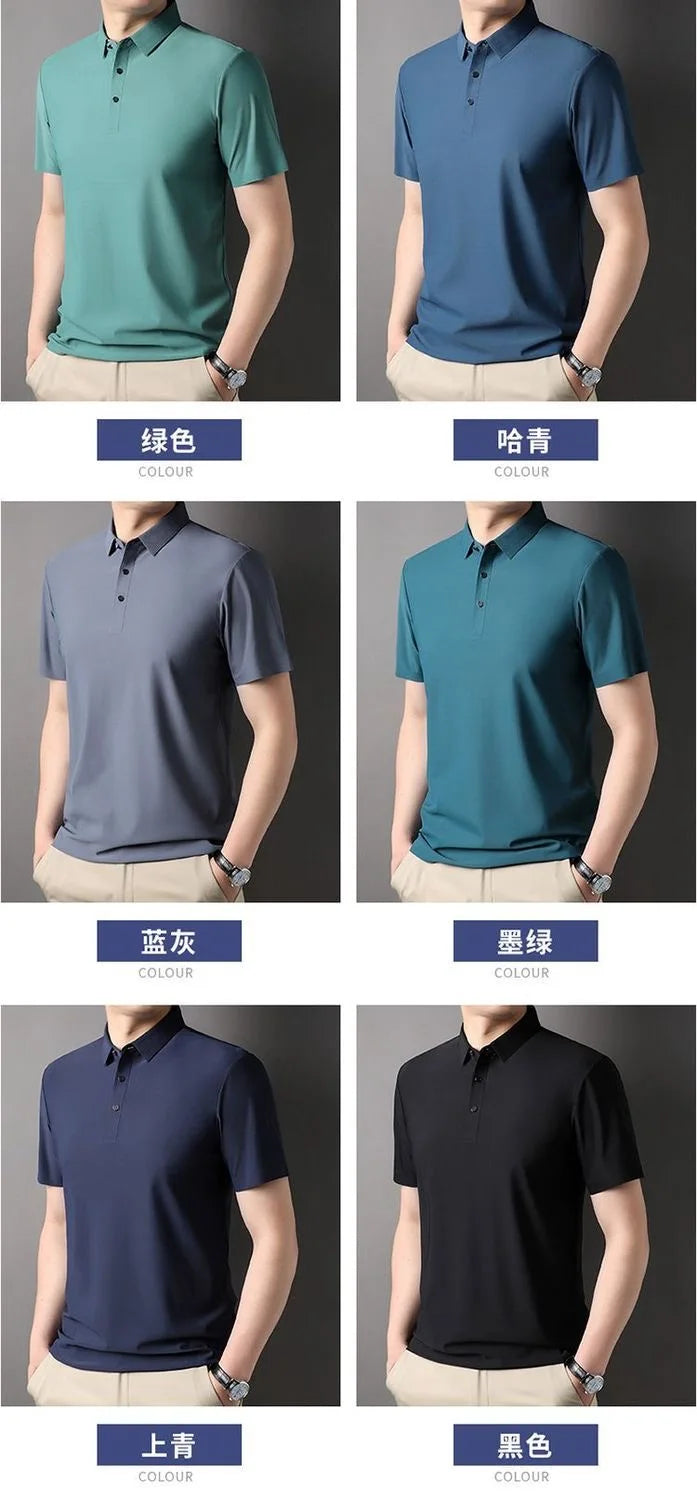 High quality wrinkle resistant ice silk short sleeve t-shirt men's summer Lapel loose casual solid color top high-end polo men