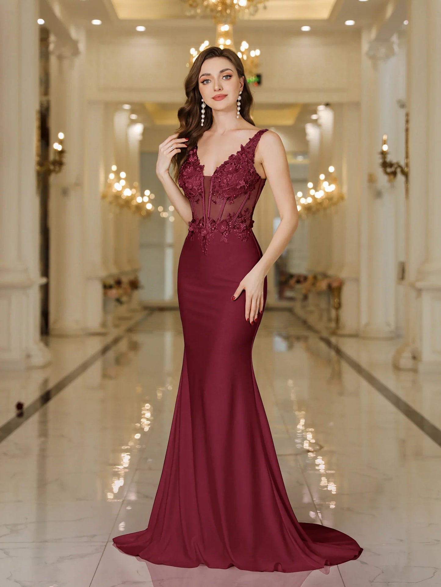 Long Mermaid Evening Dresses Burgundy V Neck Fish Bone Lace Formal Party Prom Maxi Gowns Elegant Robe De Soiree 2025