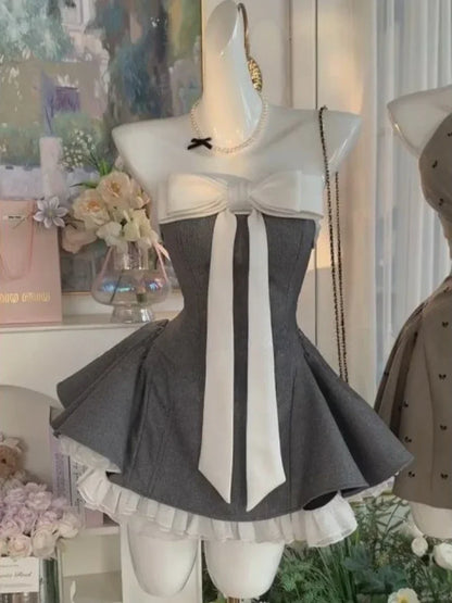 Summer French Elegant Bow Dress Women Gothic Black Vintage Mini Dress Sweet Fashion Off Shoulder Slim Fit Chic Party Outfits New