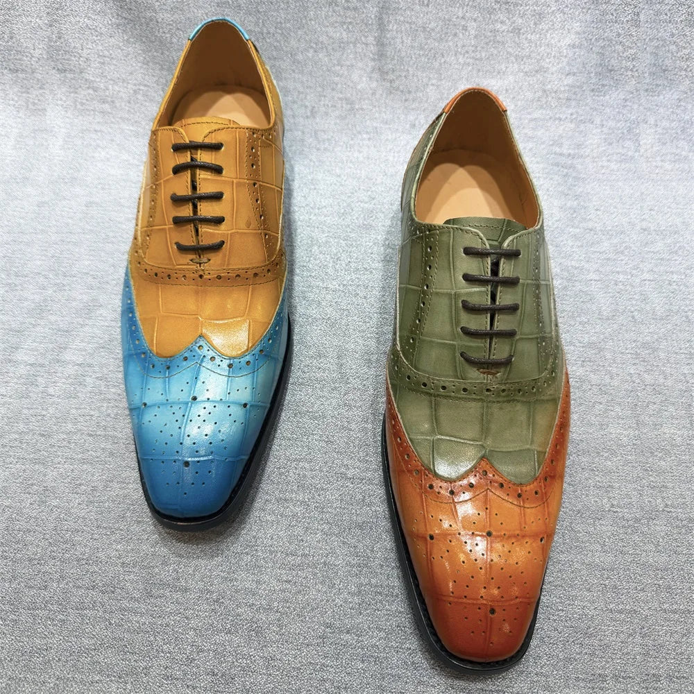 Men's Genuine Leather Wingtip Oxfords Shoes Italian Wedding Dress Shoes Green/Camel Business Formal Male Footwear