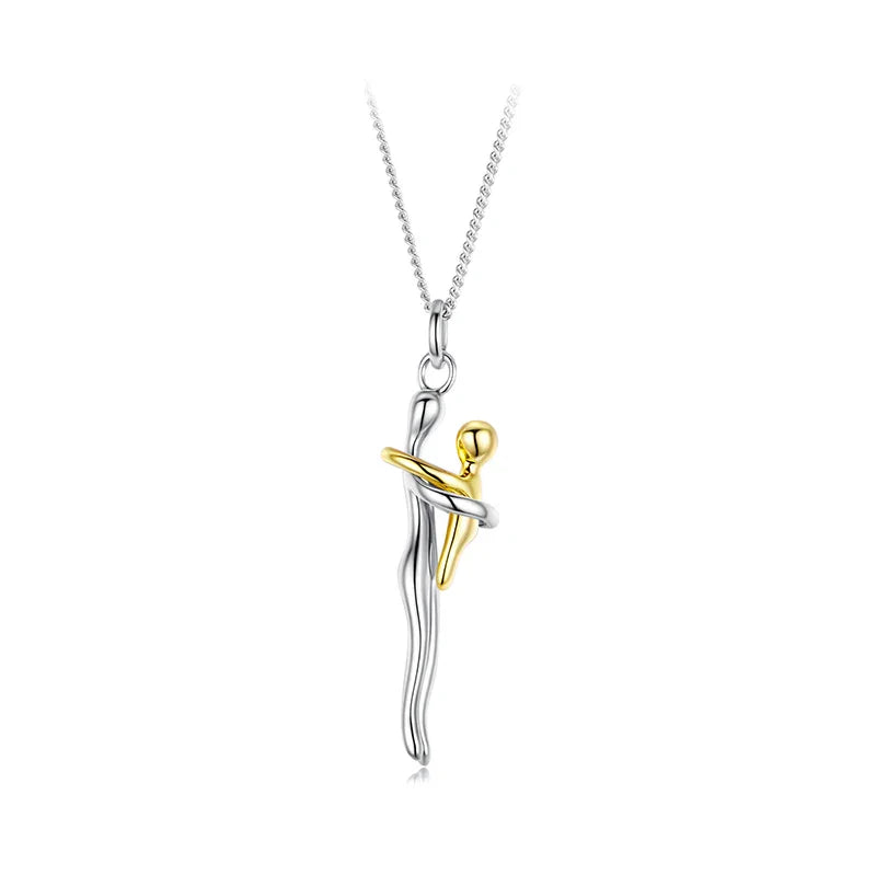 Real 925 Sterling Silver Hug Embrace Pendant Necklace Silver Gold Two-tone Mom & Child Pendant Family Gift  Mom Jewelry