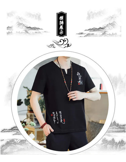 (Shirt + trousers) 2025 summer Chinese Style men shirt Cotton and linen shirts men's High quality casual shirts Two Piece M-5XL