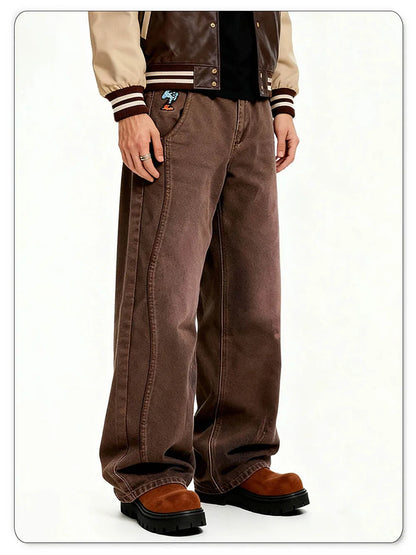 American Retro Men's Brown Casual Baggy Wide Leg Jeans Korean Cartoon Elephant Embroidery Loose Wide Leg Denim Pants Unisex