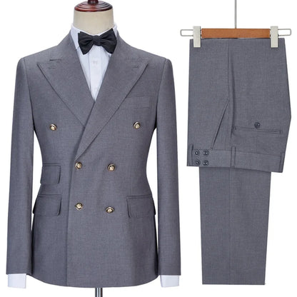 Men Suit 2 Pieces Beige Double Breasted Solid Color For Business Casual Wedding Groom Banquet Work Tuxedo Set Jacket With Pants