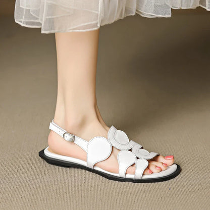 Women's New Round Head Spring/Summer Genuine Leather Sheepskin Spliced Low Heel Large Size Elastic Open Toe Sandals