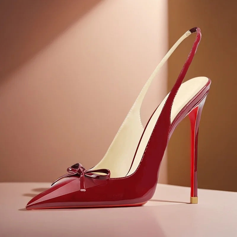 New black nude wine red patent leather pointed small bow back empty style plus size socialite high-heeled sandals