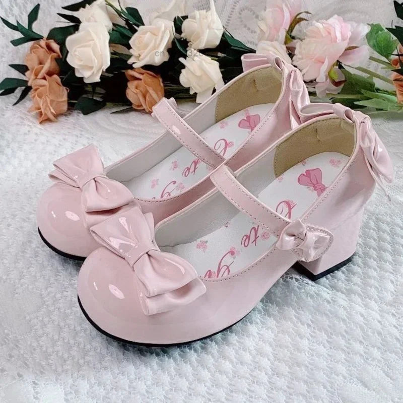 2024 Style Cute Round Head  Jane Pumps With Bow Women's Sweet Party Dress Midi Heels Shoes Fashion PU Sandals