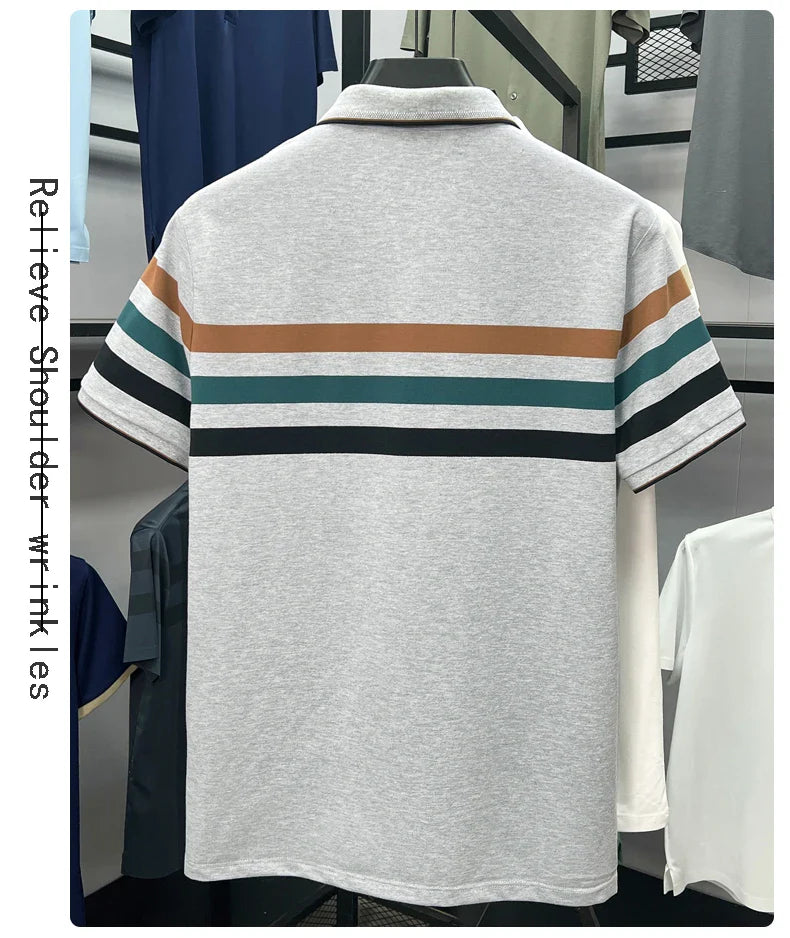 Boutique cotton short sleeve men's polo shirt 2025 summer fashion striped high-end flip collar top casual youth business T-shirt