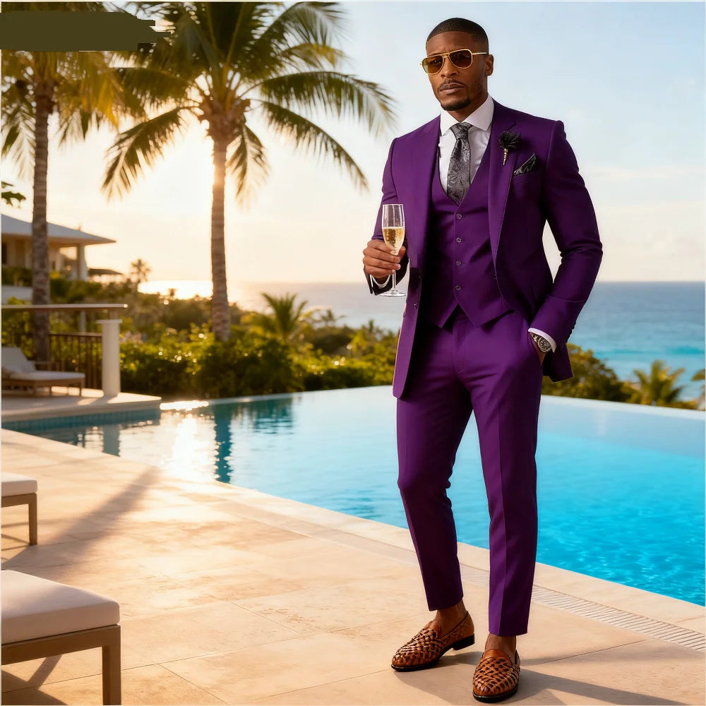 Green Emerald 3-Piece Men's Formal Tuxedo Elegant Jacket with Notched Lapel + Vest + Pants Wedding Groomsmen Smoking Suit