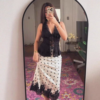 Women's Polka Dot Print Satin Skirt Sexy Lace Patchwork High Waist Skirts Chic Commute Street Party Lady Clothes for 2026 Summer