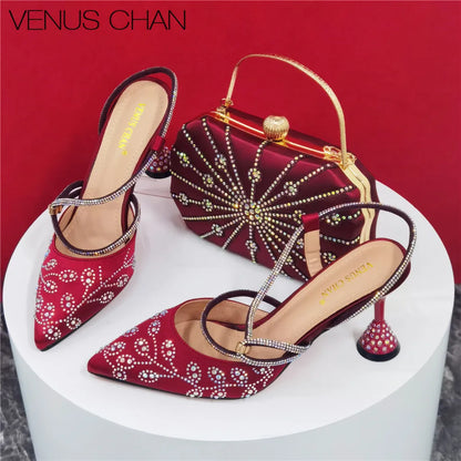 2025 Summer New Design Specials Italian Women Shoes and Bag Set Wine Color Comfortable High Heels With Rhinestone