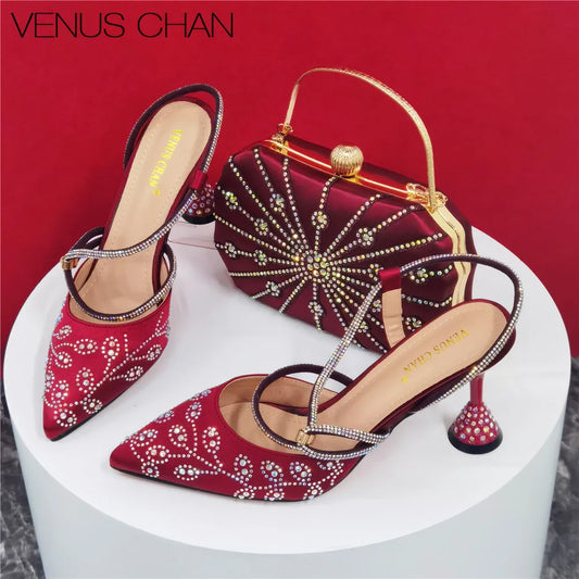 2025 Summer New Design Specials Italian Women Shoes and Bag Set Wine Color Comfortable High Heels With Rhinestone