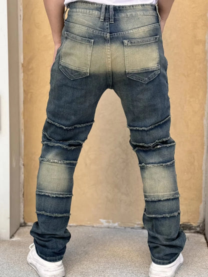 Calça Jeans Masculina Moderna Com Design Exclusivo Efeito Clássico Desgastado Barras Desfiadas E Tecido Remendado Liderando A Tendência Da Moda.