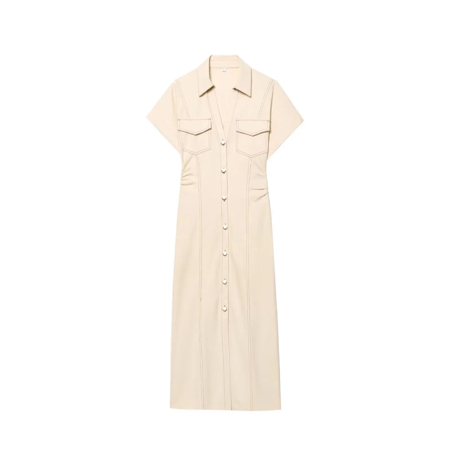 summer new  women's elegant fashion waist pleated V-neck short-sleeved temperament denim MIDI dress