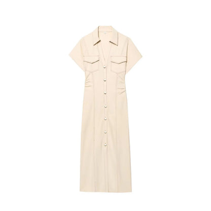 summer new  women's elegant fashion waist pleated V-neck short-sleeved temperament denim MIDI dress