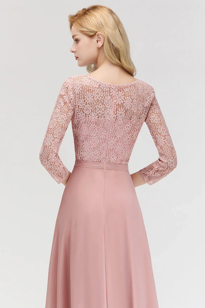 Vestido de Madrinha em Estoque Manga Longa Renda Floral Apliques Chiffon Saia Evasê Vestido de Festa de Casamento Bohêmio para Convidada