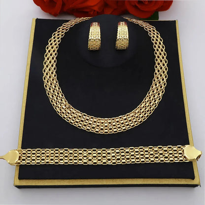 High Grade African Jewelry Women Necklace Bracelet Moderate Size Copper Earring Neck Chain 45CM Hip Hop Wholesale Accessories