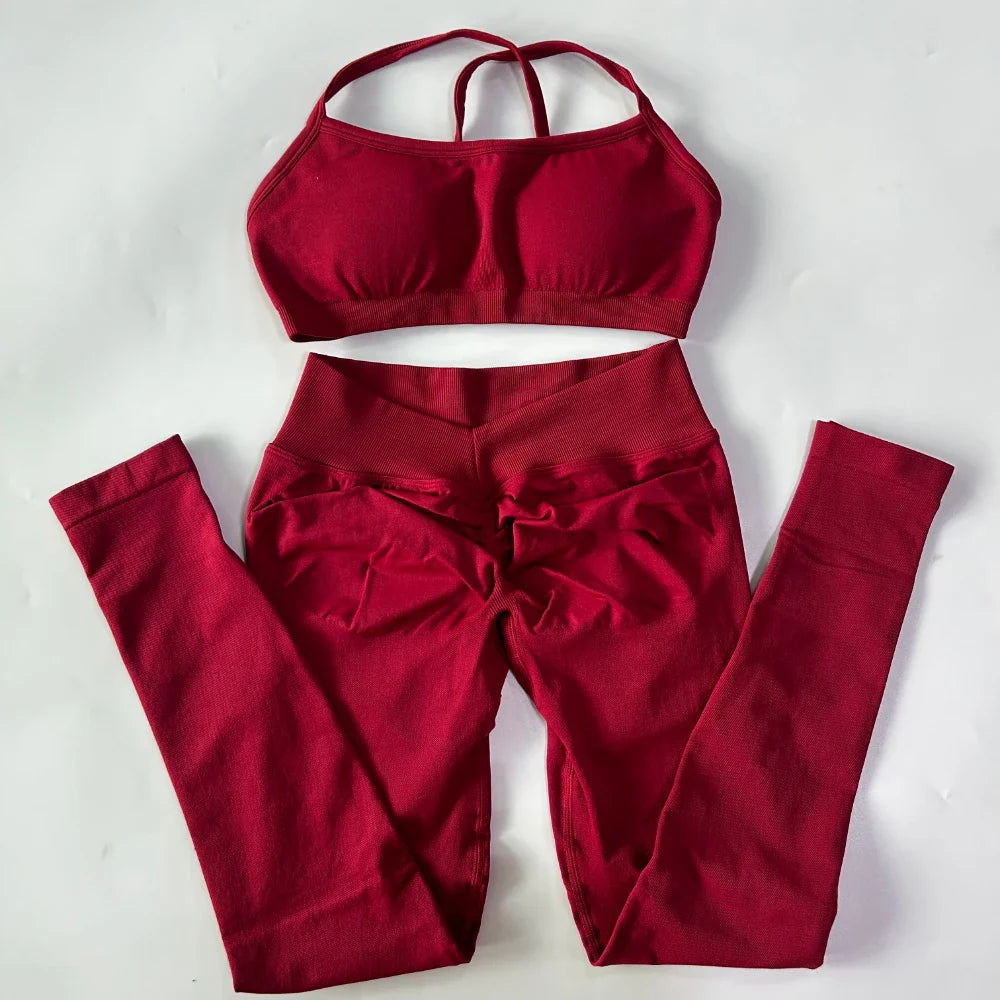 2 Pieces Gym Set For Women Clothes Seamless Scrunch Yoga Leggings Set Backless Sports Bra Fitness Workout Top Yoga Set Outfits