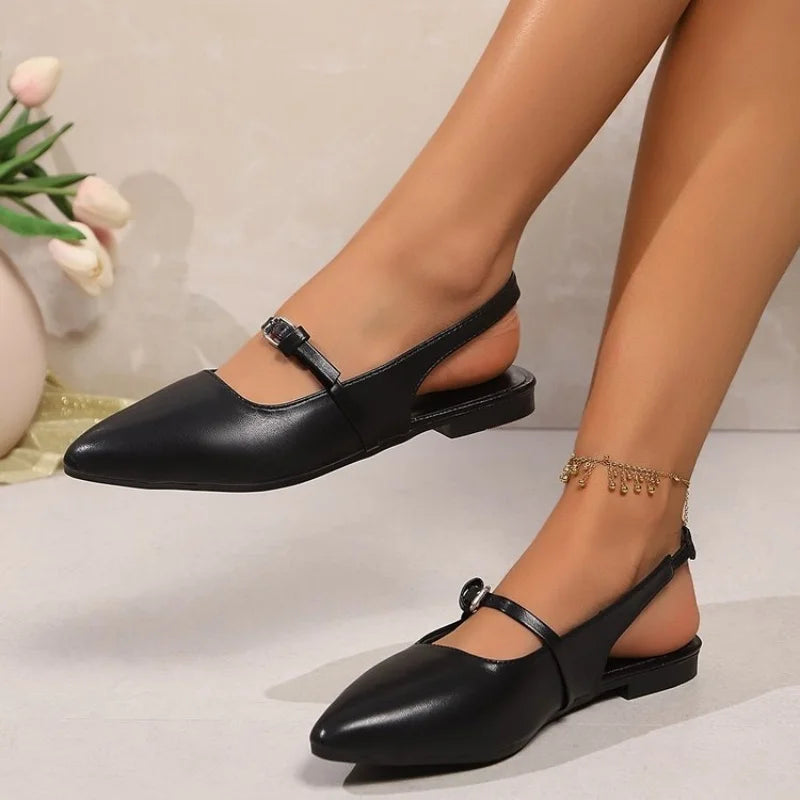 Summer New Women's Flat Bottom Slingback Sandals Woman Leopard Pointed End Mules 2025 Fashion Leather Pu Low-heel Beach Shoes