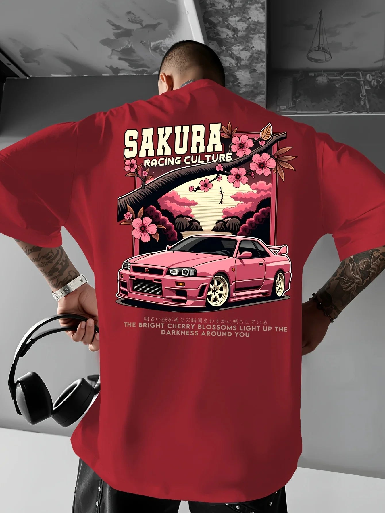 Men's Japanese Racing Graphic T-Shirt Sakura Motorsport Tee Cherry Blossoms Loose Fit Back Print Shirt Drift Events Streetwear