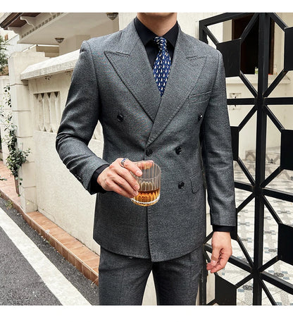 Men Vintage Luxury Double Breasted Slim Fit Lapel Evening Gown ltalian Style Fashion High-end Groom Wedding Party Tuxedo 2 Piece