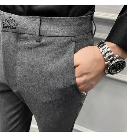 Men's Slim Fit Chino Pants with Embroidered Design - Classic Korean Style Casual Trousers for Daily Wear 28-42