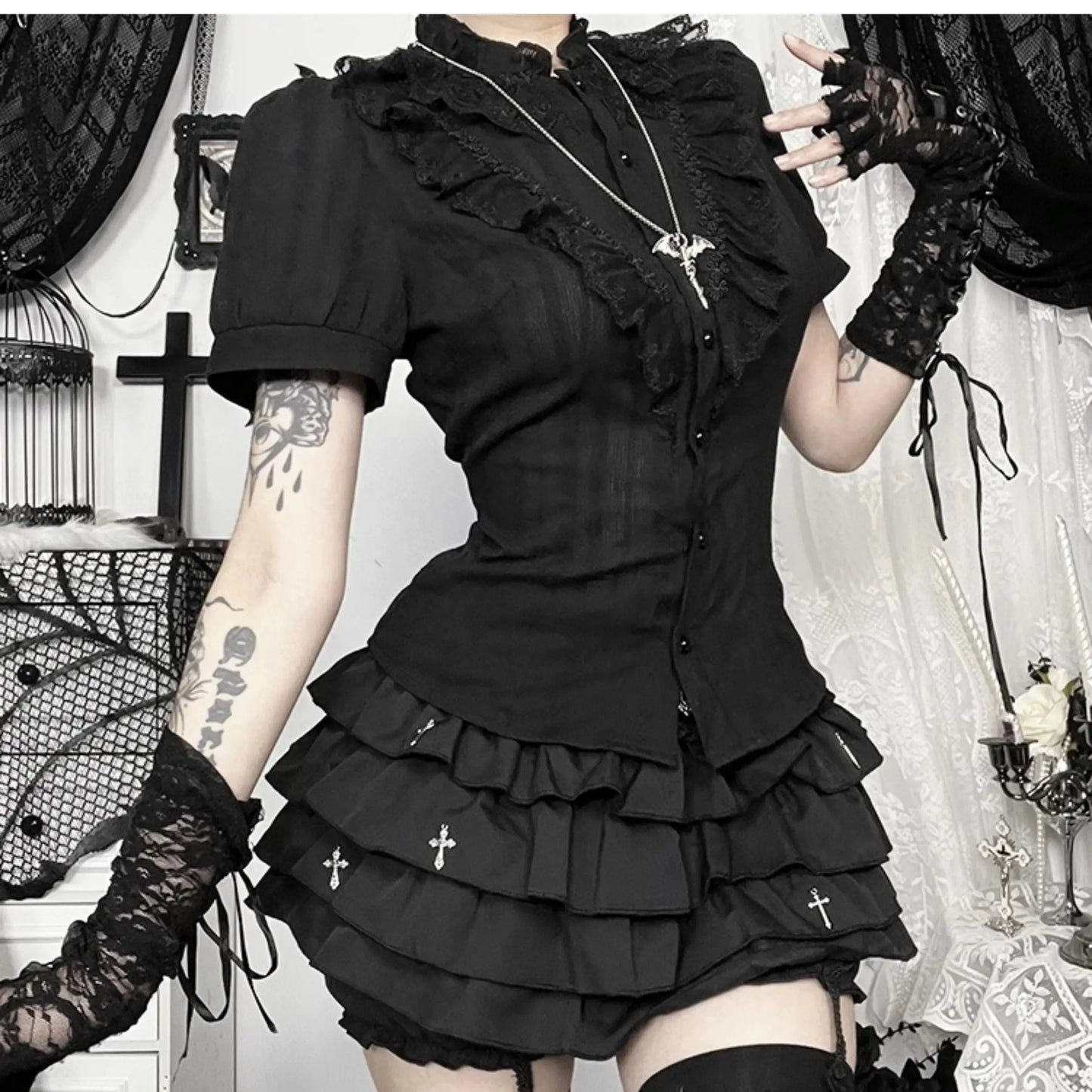 2026 Summer New Arrival Hot Girl Trendy Versatile Mini Skirt Dark Cross DesignTiered Cake Black Fluffy Skirts