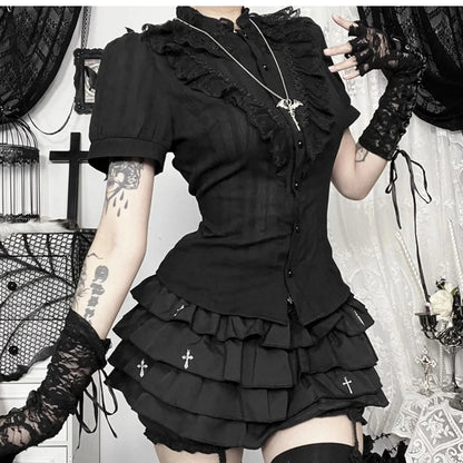 2026 Summer New Arrival Hot Girl Trendy Versatile Mini Skirt Dark Cross DesignTiered Cake Black Fluffy Skirts
