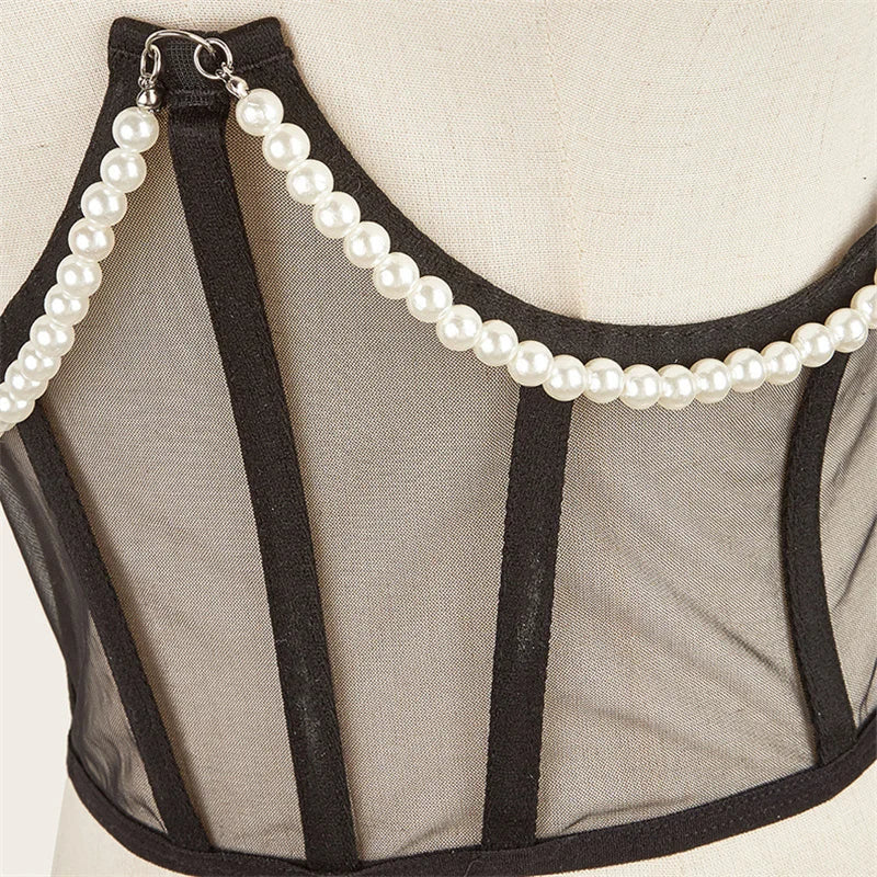 Pearl Chain Bustiers Tied Waspie Wide Belt Cinchers Underwire Lace-up Underbust Corset Bustier Corsets Tops Boned Corset
