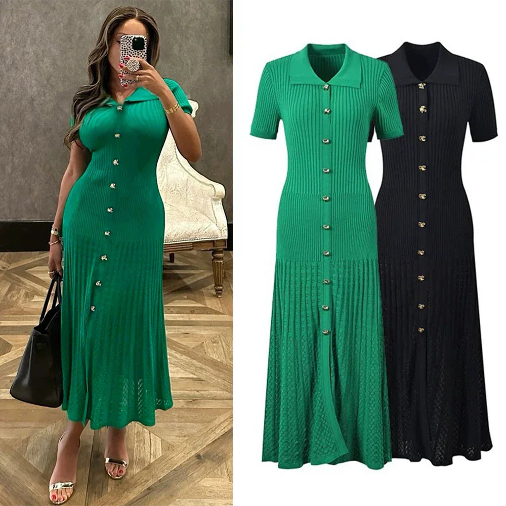 Fashion Vintage Turn-down Collar Knit Maxi Dress Elegant Single-breasted A-line Long Shirt Dress Lady Vestidos