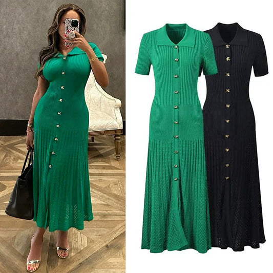 Fashion Vintage Turn-down Collar Knit Maxi Dress Elegant Single-breasted A-line Long Shirt Dress Lady Vestidos