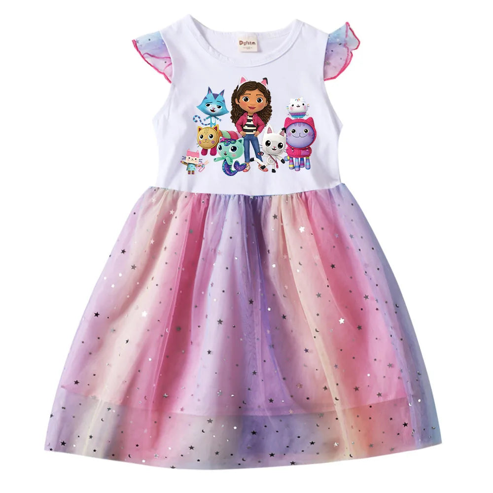 Kids Gabby's Dollhouse Cats Princess Dress Summer Casual Girls Rainbow Mesh Dress Children Carnival Wedding Birthday Party Dress