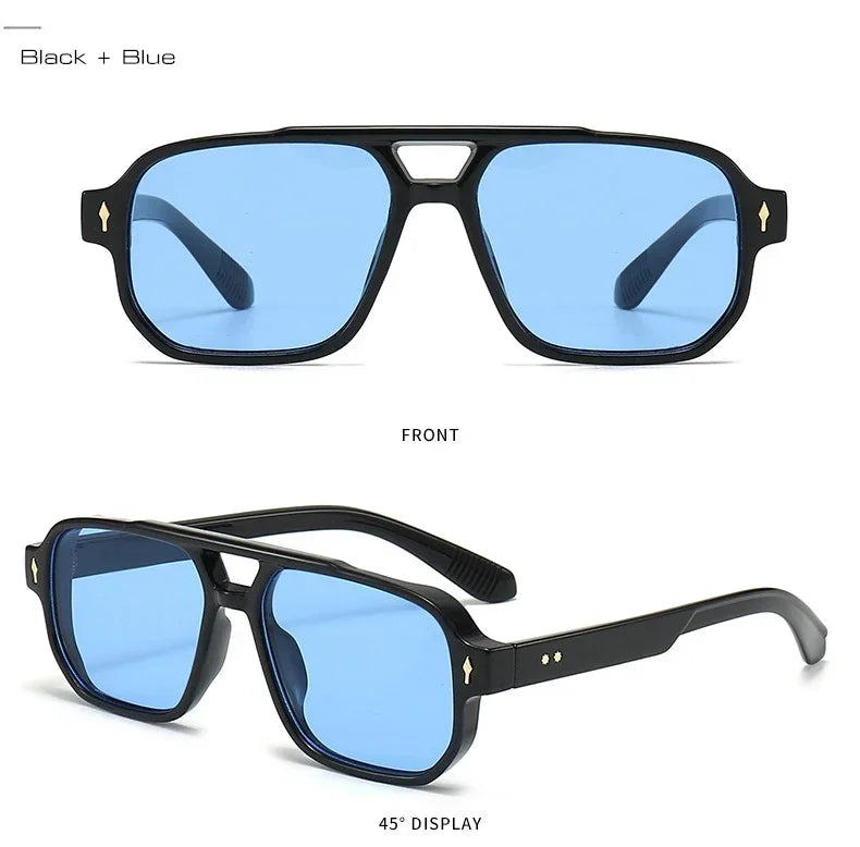 Vintage Double Bridges Men Square Sunglasses Fashion Green Ocean Lens UV400 Eyewear Women Trending Rivets Sun Glasses